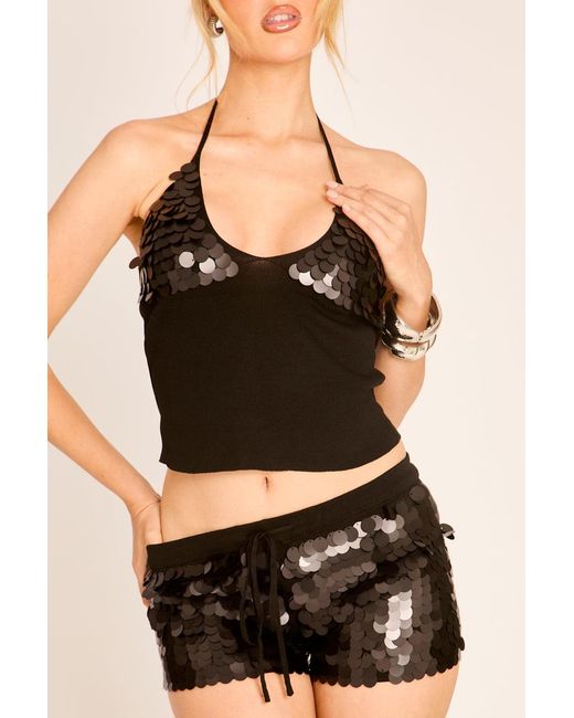 Rebellious Fashion Black Knit Sequin Halter Top And Shorts Set