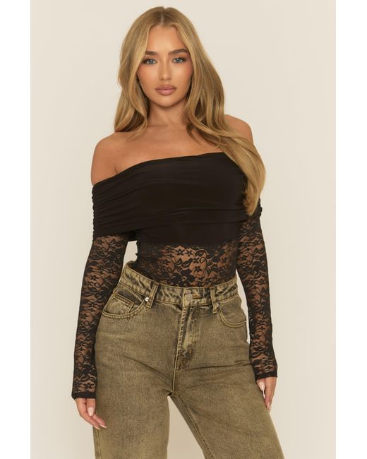 Rebellious Fashion Black Lace Bardot Bodysuit