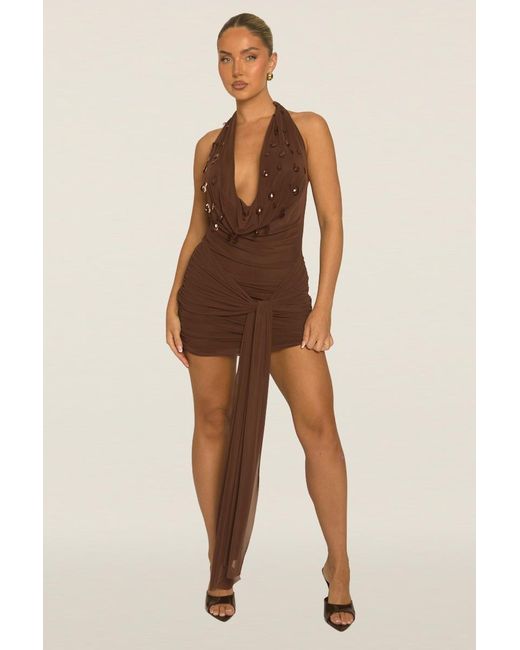 Rebellious Fashion Brown Beaded Cowl Mini Dress