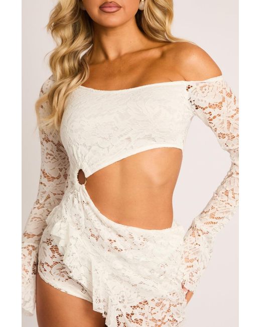 Rebellious Fashion Natural Lace One Shoulder Ruffle Cut Out Mini Dress