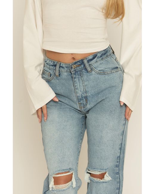 Rebellious Fashion Blue Mid Wash Denim Distressed Knee Extra Long Jeans