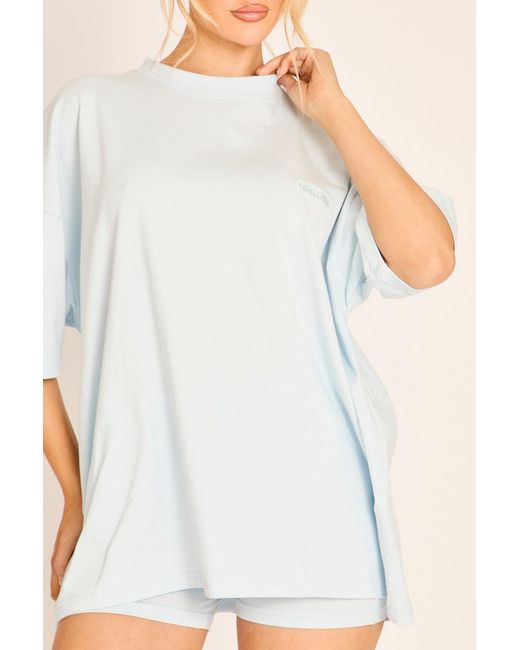 Rebellious Fashion Blue Light Rebellious Logo Oversized T-Shirt And Cycling Shorts Co-Ord