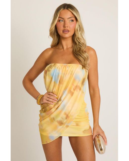 Rebellious Fashion Brown Abstract Print Bandeau Mesh Overlay Mini Dress