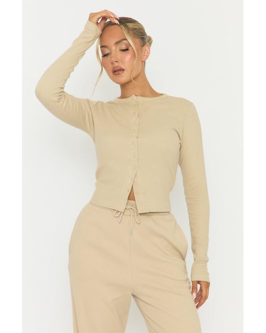Rebellious Fashion Natural Button Front Long Sleeve Top And Trouser Loungewear Co-Ord Set