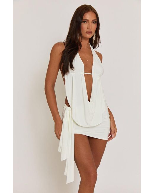 Rebellious Fashion White Plunge Neck Cowl Detail Top & Mini Skirt Co-Ord Set