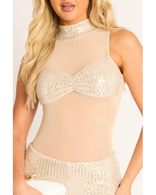 Rebellious Fashion Natural Sequin Mesh High Neck Bodysuit And Shorts Co-Ord Set