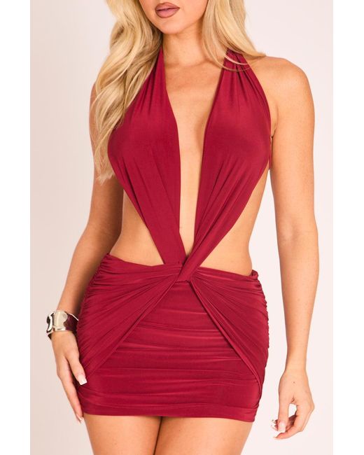 Rebellious Fashion Red Plunge Halterneck Draped Mini Dress
