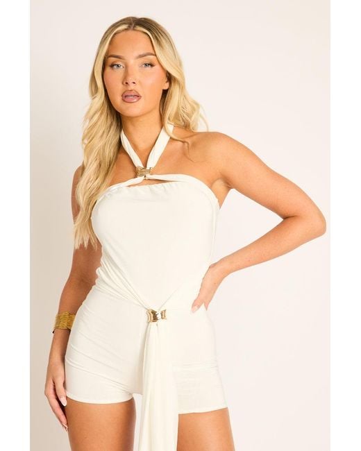 Rebellious Fashion White Trim Drape Detail Halterneck Playsuit