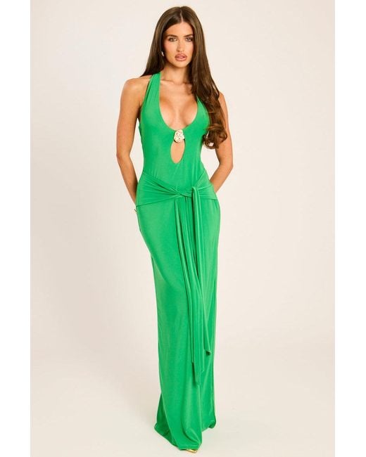Rebellious Fashion Green Trim Detail Tie Front Maxi Dress