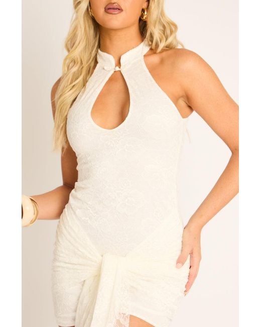 Rebellious Fashion Natural Lace High Neck Keyhole Tie Drape Mini Dress
