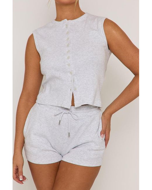 Rebellious Fashion White Sleeveless Button Front Rib Top And Short Loungewear Co-Ord Set
