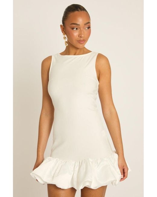 Rebellious Fashion Natural Satin Puffball Hem Mini Dress