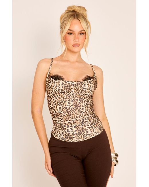 Rebellious Fashion Natural Print Lace Trim Cowl Neck Top