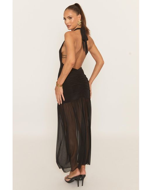 Rebellious Fashion Black Plunge Halterneck Ruched Maxi Dress