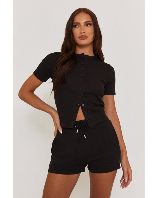 Rebellious Fashion Black Rib Button Front Top And Short Loungewear Co-Ord Set