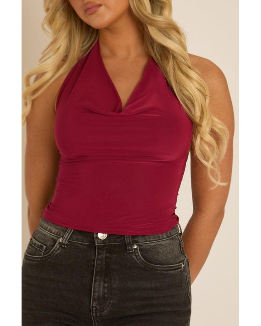 Rebellious Fashion Red Wine Slinky Plunge Halter Top