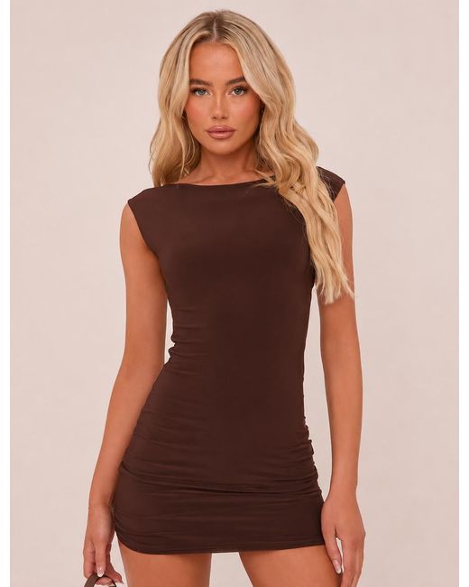 Rebellious Fashion Brown Boat Neck Backless Bodycon Mini Dress