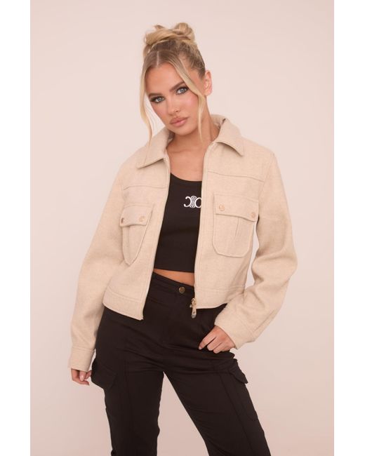 Rebellious Fashion Natural Zip Front Cropped Jacket