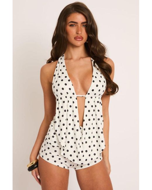 Rebellious Fashion White Plunge Cowl Top & Micro Short Co-Ord Set