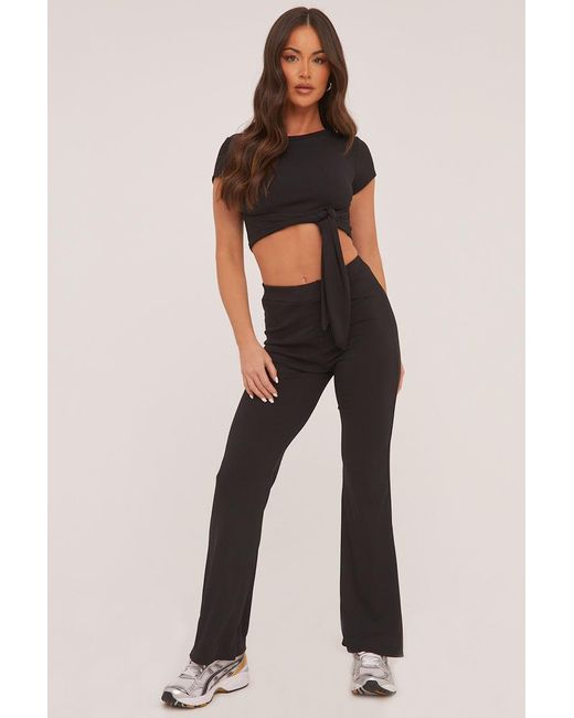 Rebellious Fashion Black Tie Front Cropped Top & Trousers Co-Ord Set