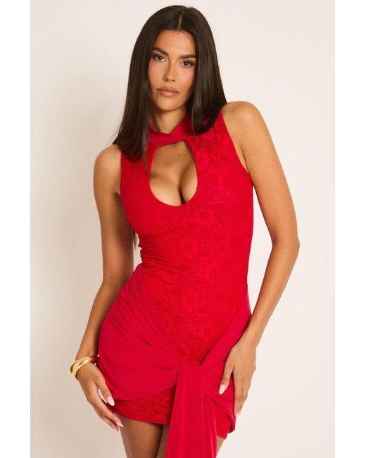 Rebellious Fashion Red Lace Keyhole Drape Mini Dress