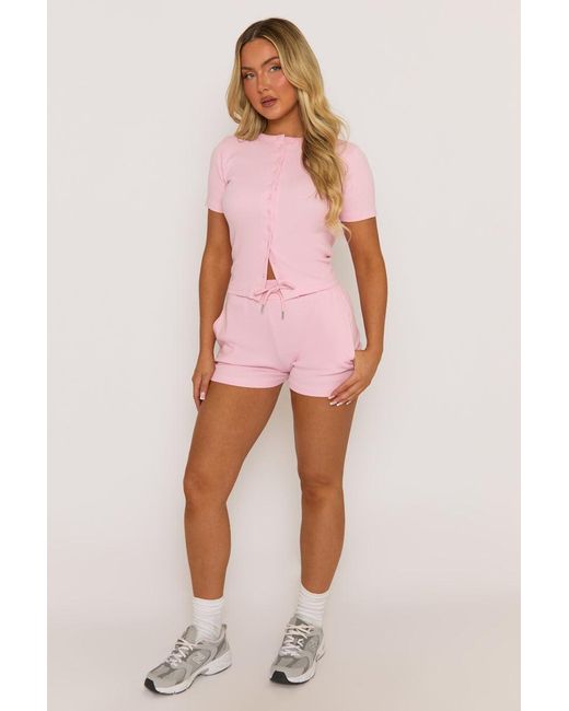 Rebellious Fashion Pink Rib Button Front Top And Short Loungewear Co-Ord Set