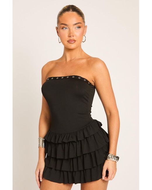 Rebellious Fashion Black Eyelet Detail Bandeau Frill Mini Dress