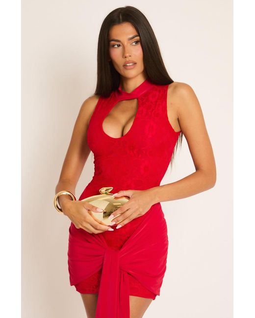 Rebellious Fashion Red Lace Keyhole Drape Mini Dress