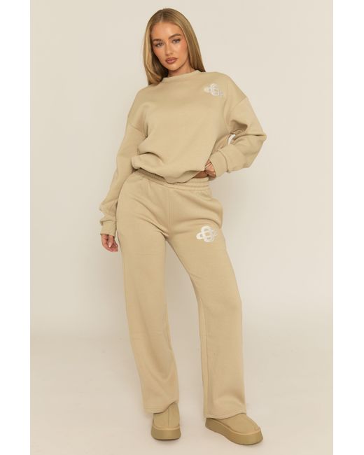 Rebellious Fashion Natural Contrast Motif Jumper And Joggers Loungewear Co-Ord Set