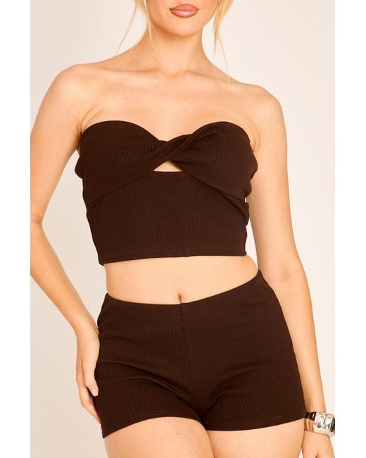 Rebellious Fashion Black Ribbed Twist Front Top And Shorts Co-Ord Set
