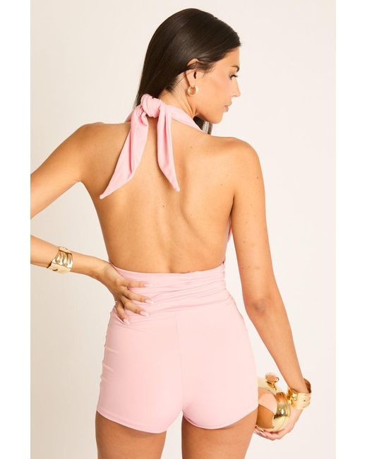 Rebellious Fashion Pink Gathered Plunge Halterneck Playsuit