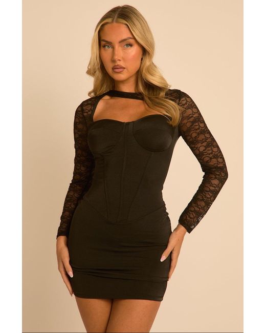 Rebellious Fashion Black Asymmetric Long Sleeve Corset Satin Mini Dress