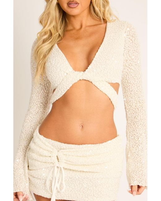 Rebellious Fashion Natural Sequin Crop Top And Mini Skirt Co-Ord Set