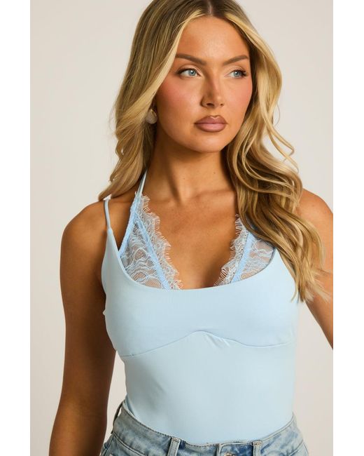 Rebellious Fashion Blue Lace Trim Halter Bodysuit