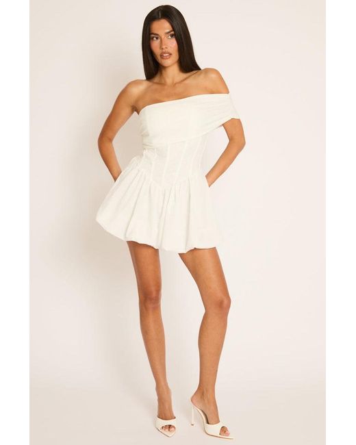Rebellious Fashion Natural Off Shoulder Corset Puffball Mini Dress