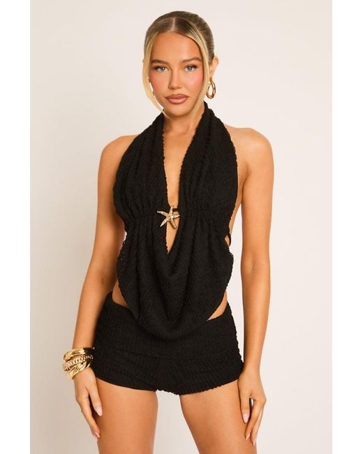 Rebellious Fashion Black Textured Starfish Trim And Short Co-Ord Set
