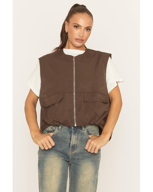Rebellious Fashion Brown Cropped Utility Jacket