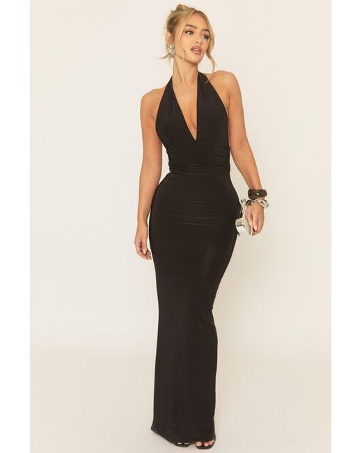 Rebellious Fashion Black Halterneck Tie Back Maxi Dress
