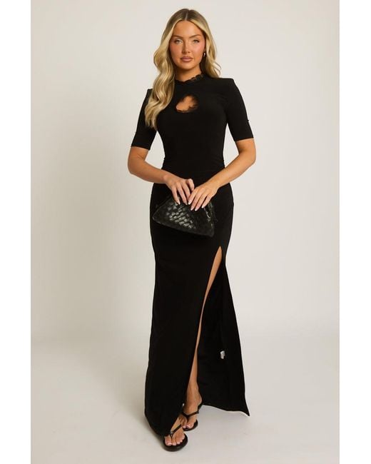 Rebellious Fashion Black Split Front Shoulder Pad Maxi Dress