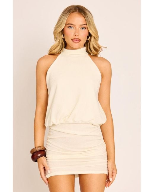 Rebellious Fashion Natural Textured Halter Blouson Mini Dress