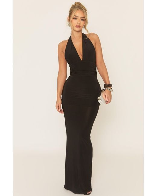 Rebellious Fashion Black Halterneck Tie Back Maxi Dress
