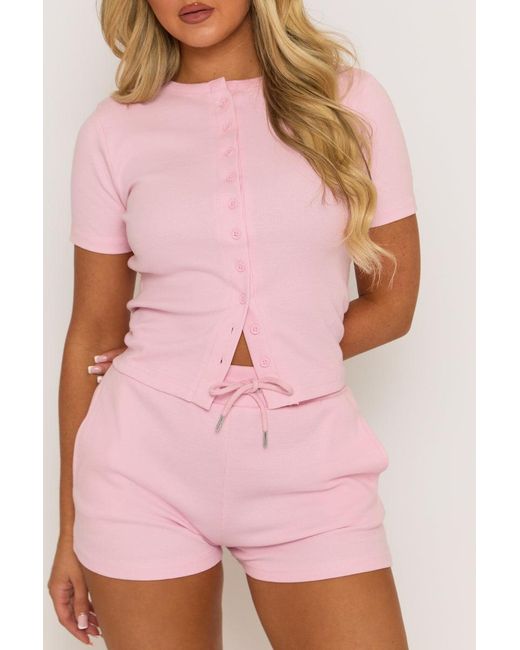 Rebellious Fashion Pink Rib Button Front Top And Short Loungewear Co-Ord Set
