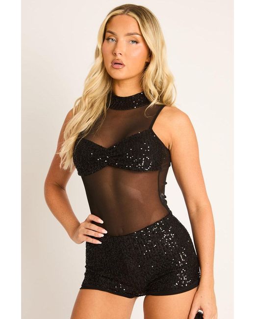 Rebellious Fashion Black Sequin Mesh High Neck Bodysuit And Shorts Co-Ord Set