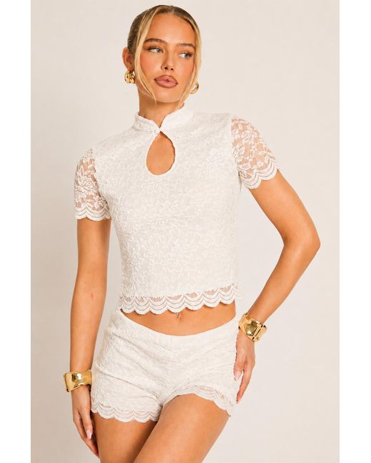 Rebellious Fashion Natural Lace Scallop Hem Keyhole Top And Shorts Co-Ord Set