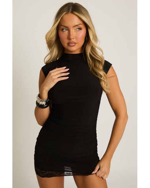 Rebellious Fashion Black Gathered Lace Trim Mini Dress