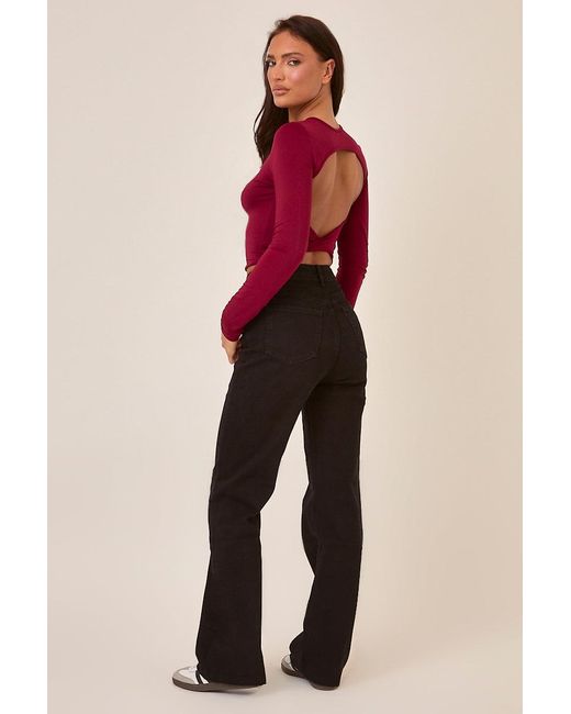 Rebellious Fashion Red Stretch Frayed Hem Straight Leg Jeans