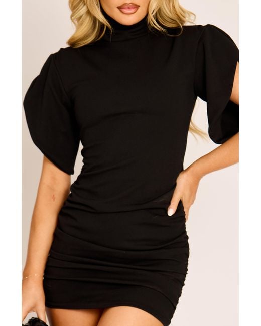 Rebellious Fashion Black High Neck Ruched Mini Dress