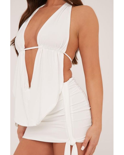 Rebellious Fashion White Plunge Neck Cowl Detail Top & Mini Skirt Co-Ord Set