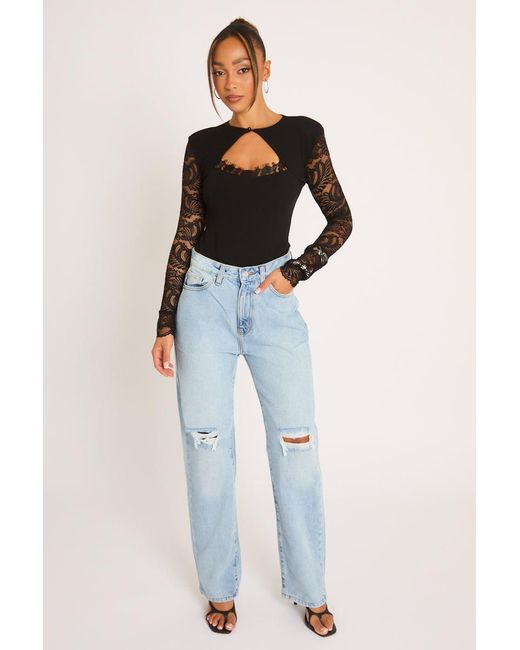 Rebellious Fashion Black Shoulder Pad Lace Long Sleeve Bodysuit