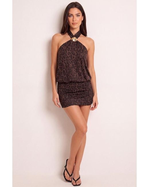Rebellious Fashion Multicolor Print Halterneck Blouson Mini Dress